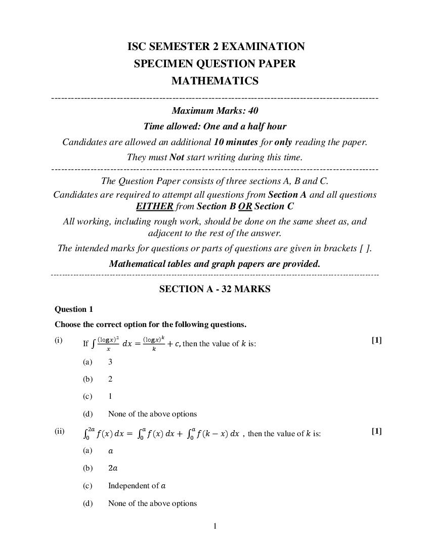 ISC Class 12 Specimen Paper 2022 Maths Semester 2 - Page 1