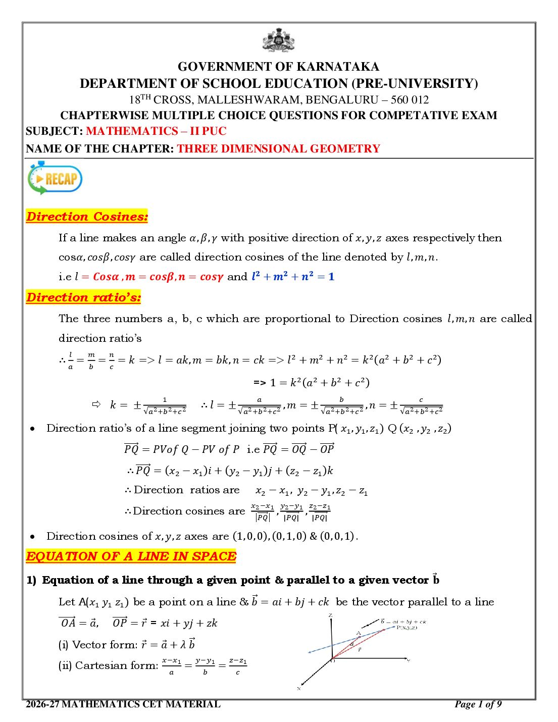 Karnataka 2nd PUC Mathematics Three Dimensional Geometry MCQ with Answers - Page 1 of 9