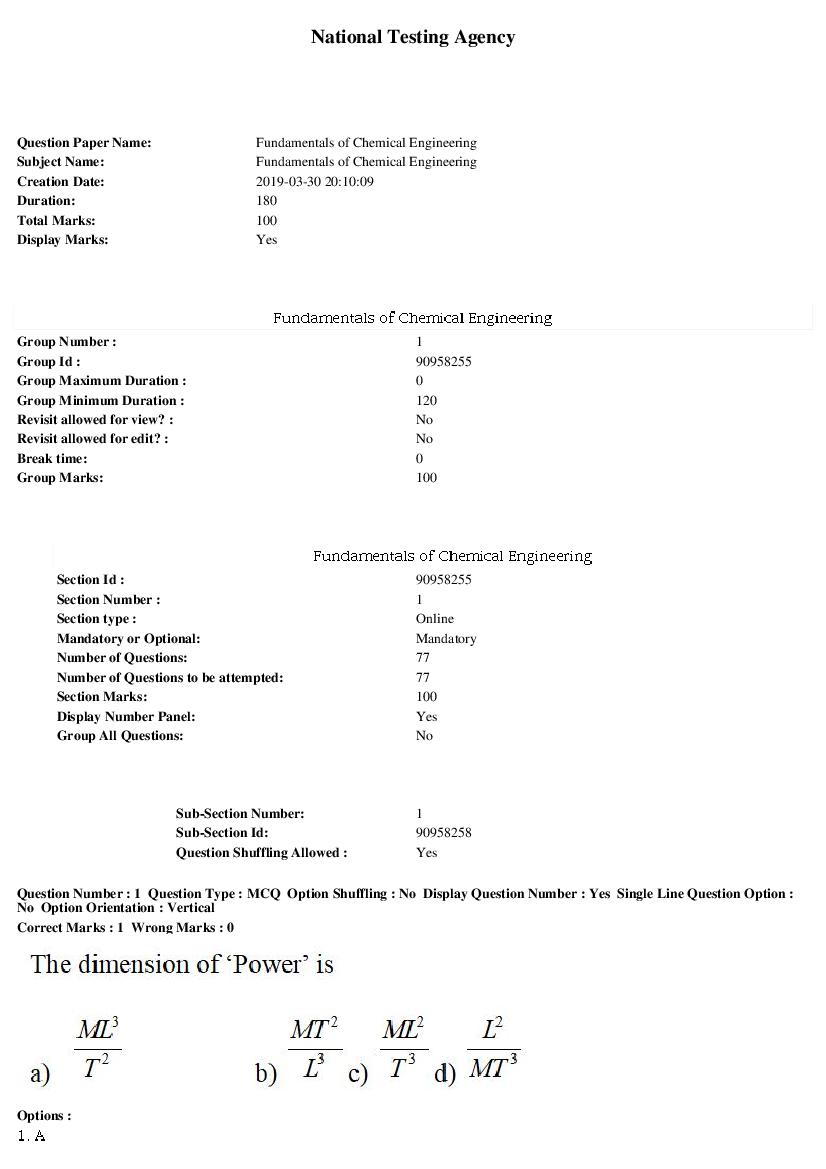 ARPIT 2019 Question Paper for Fundamentals of Chemical Engineering - Page 1 of 32