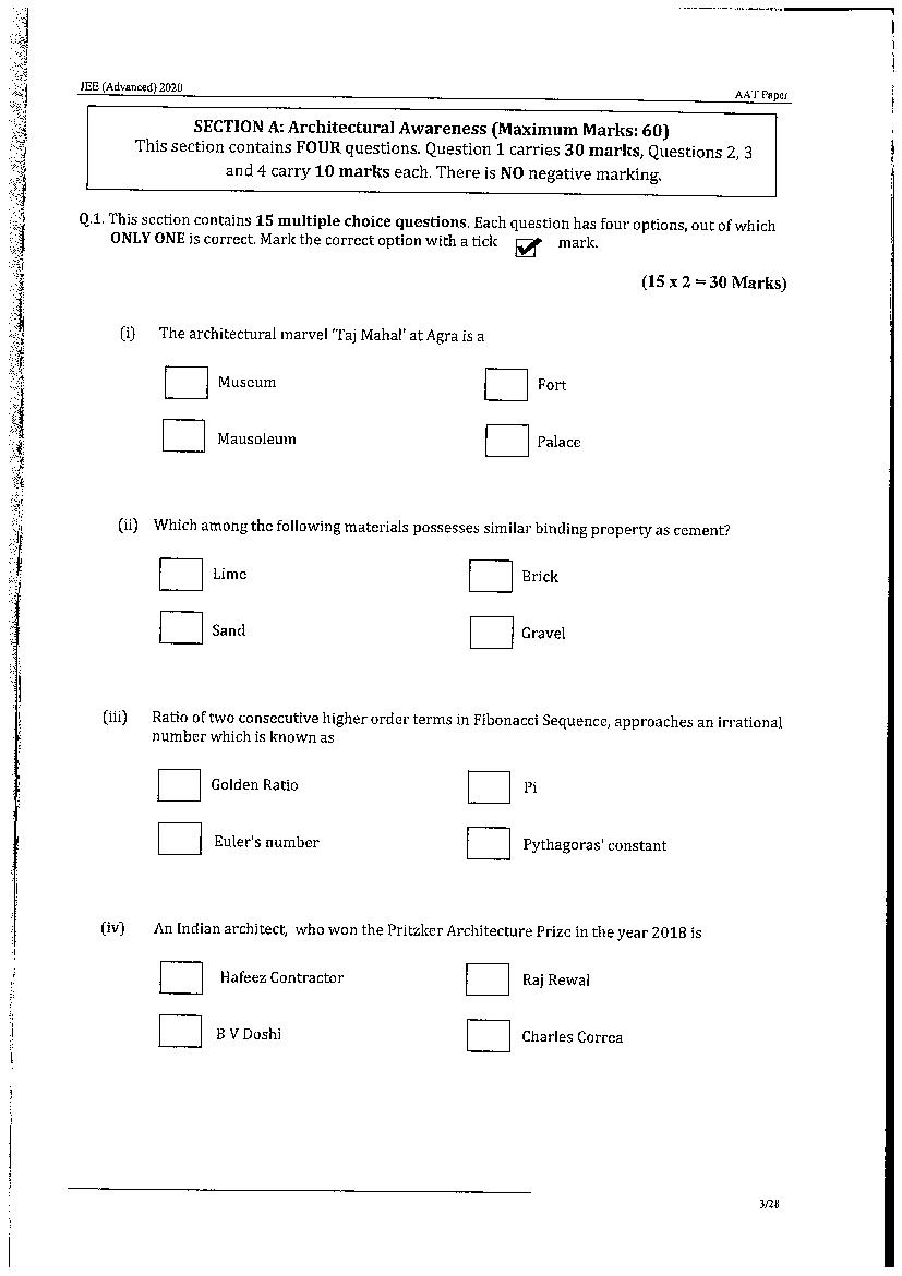 JEE Advanced AAT 2020 Question Paper PDF (Free Download)