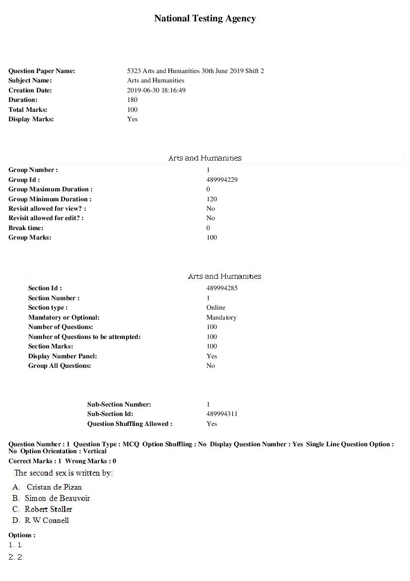 ARPIT 2019 Question Paper for Arts and Humanities Shift 2 - Page 1 of 30