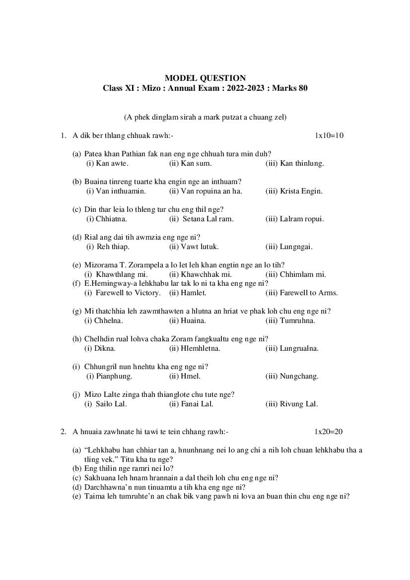 TBSE Class 11 Sample Paper 2023 Mizo - Page 1