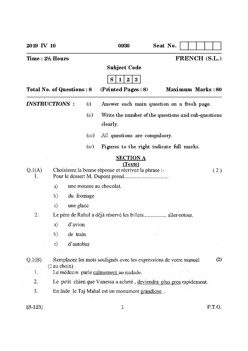 Goa Board Class 10 Question Paper Mar 2019 French S.L. - Page 1