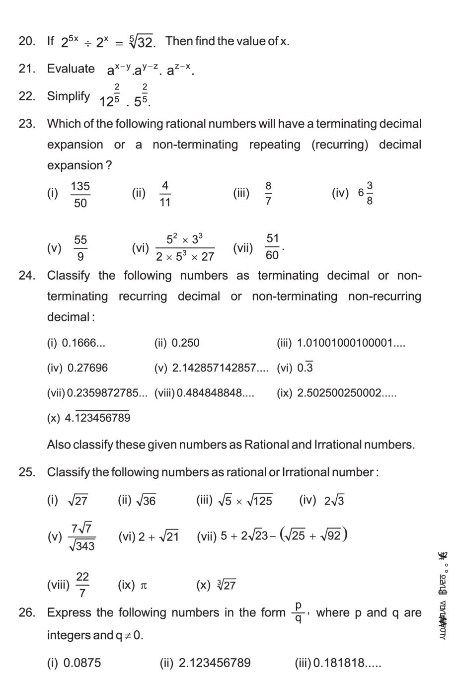 maths assignment for class 9 number system