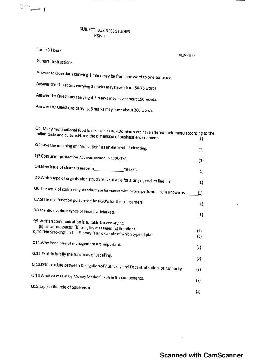 JKBOSE Class 12 Model Question Paper 2021 for Business Studies - Page 1
