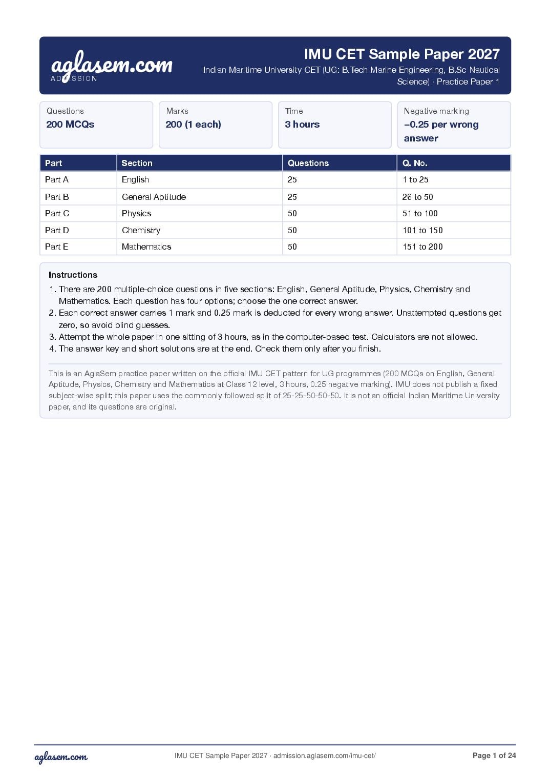 IMU CET 2027 Sample Paper UG - Page 1 of 24