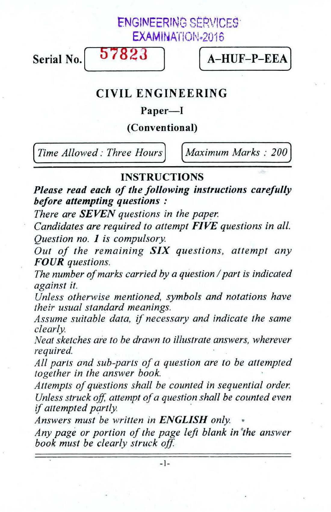 UPSC IES 2016 (Mains) Question Paper Civil Engineering Paper I - Page 1