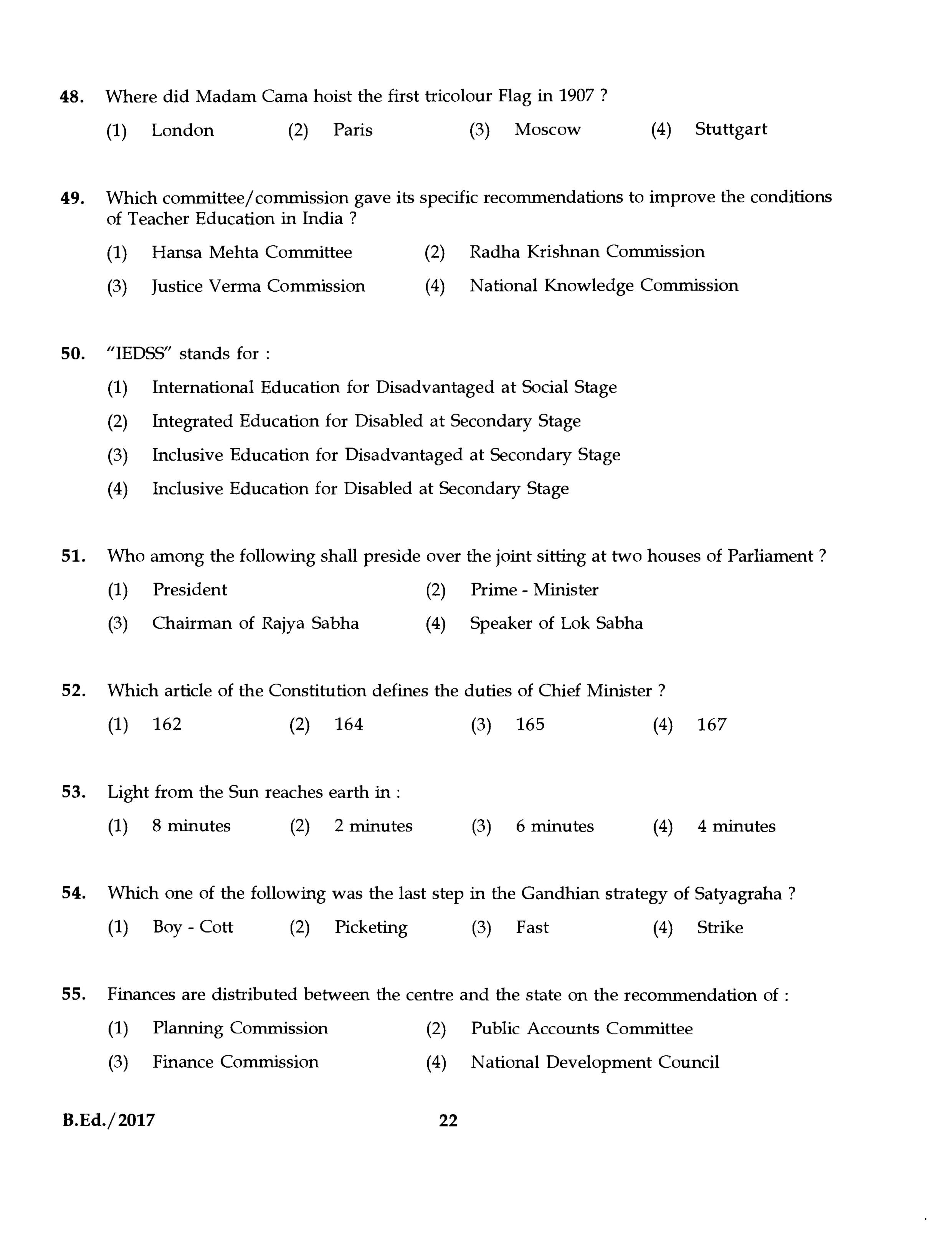 IGNOU B.Ed 2017 Question Paper PDF (September 2017 Test)