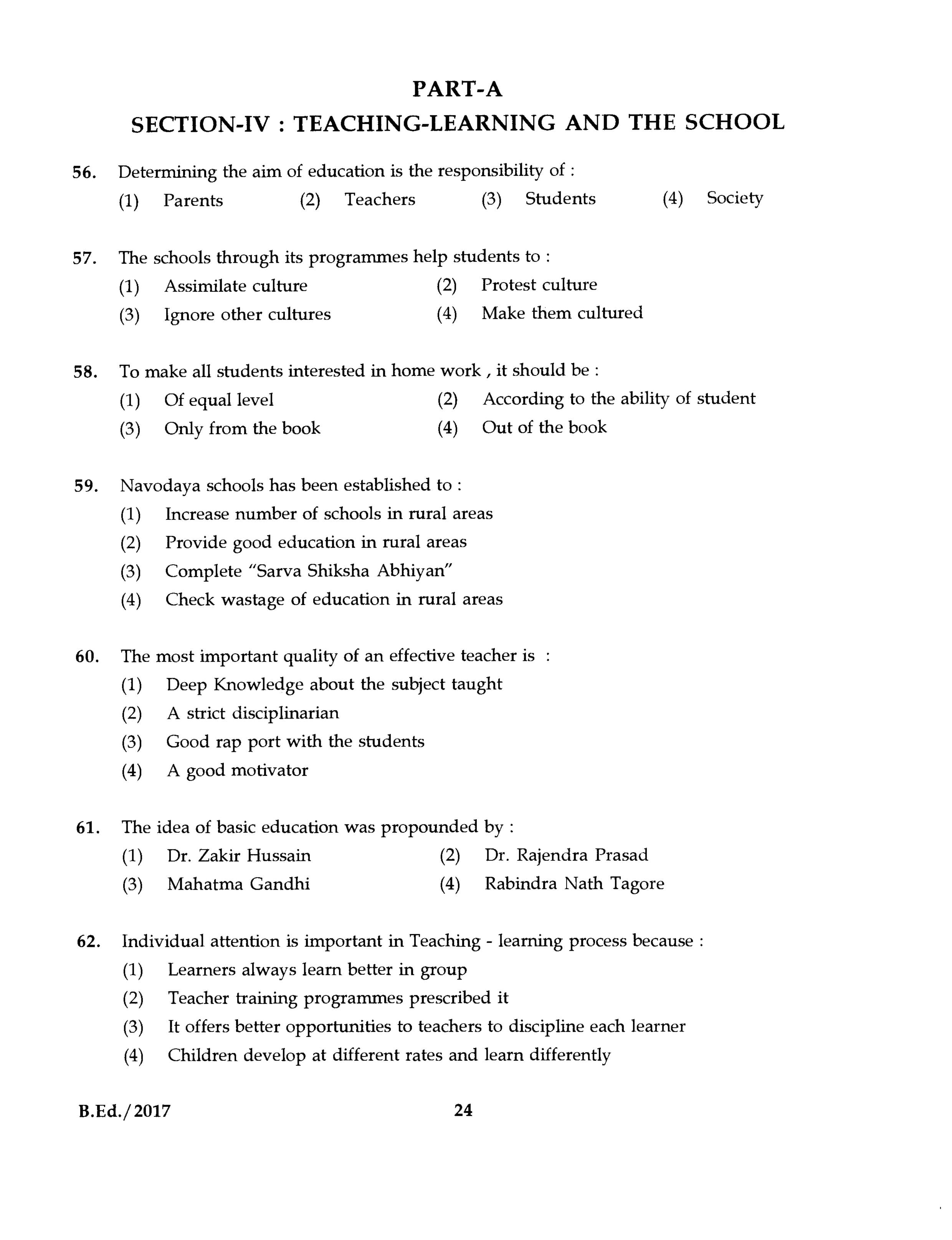 IGNOU B.Ed 2017 Question Paper PDF (September 2017 Test)