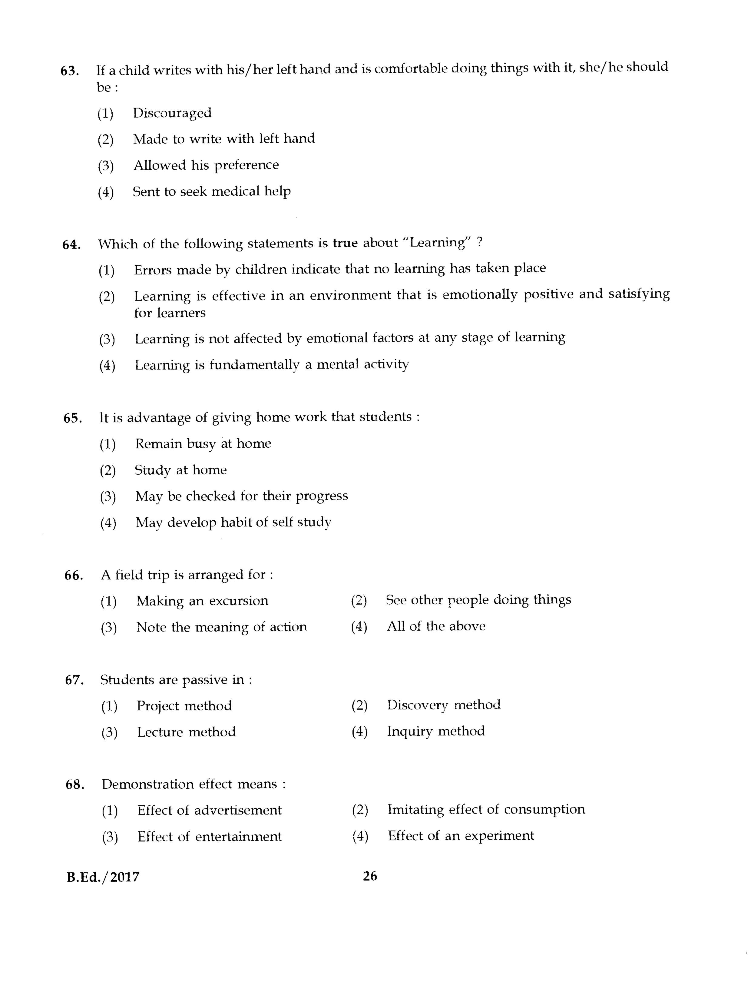 IGNOU B.Ed 2017 Question Paper PDF (September 2017 Test)
