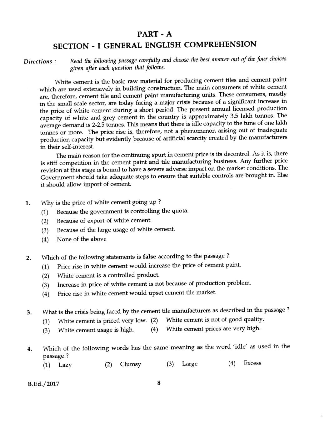 IGNOU B.Ed 2017 Question Paper PDF (September 2017 Test)