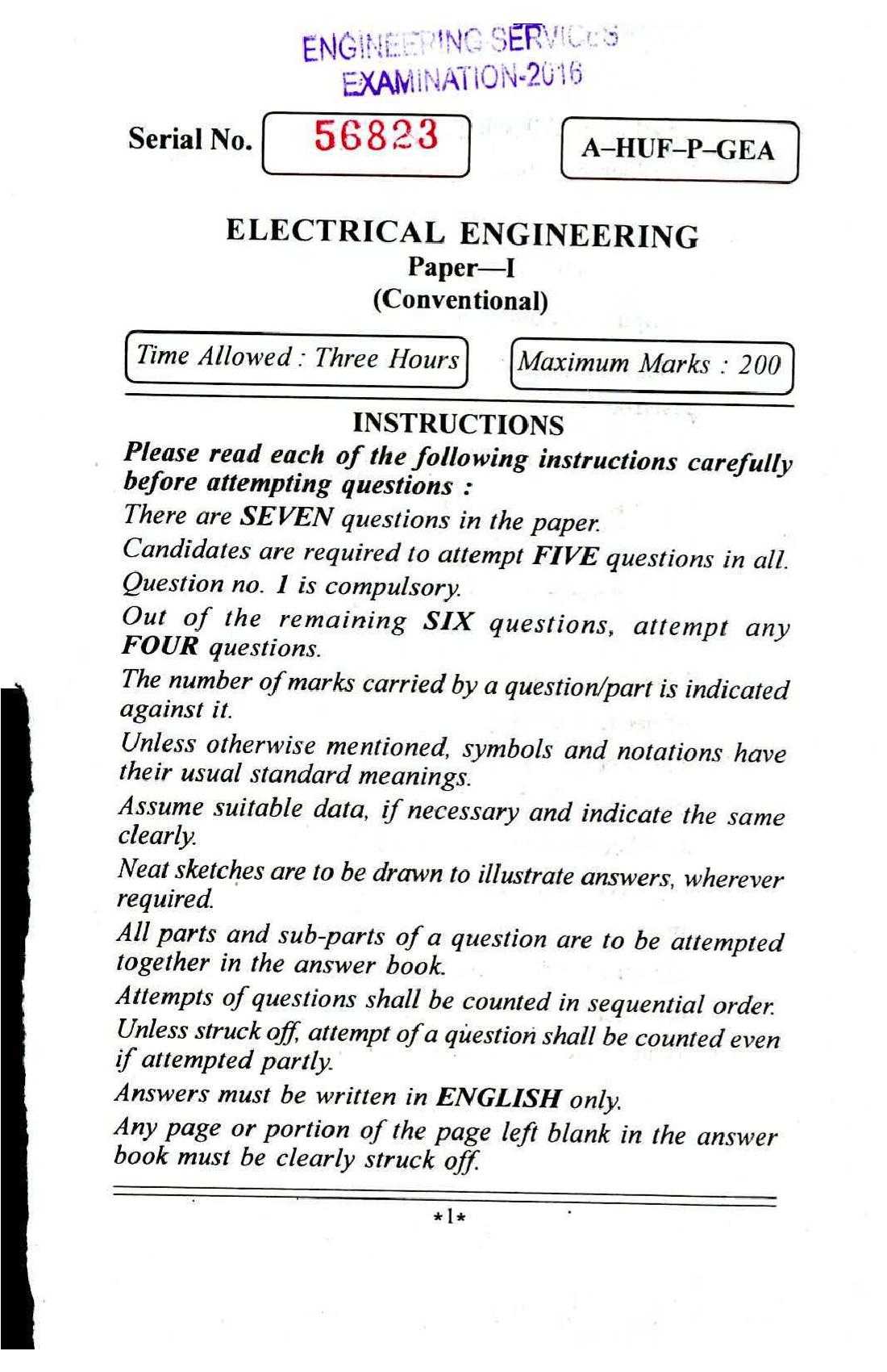 UPSC IES 2016 (Mains) Question Paper Electrical Engineering Paper I - Page 1