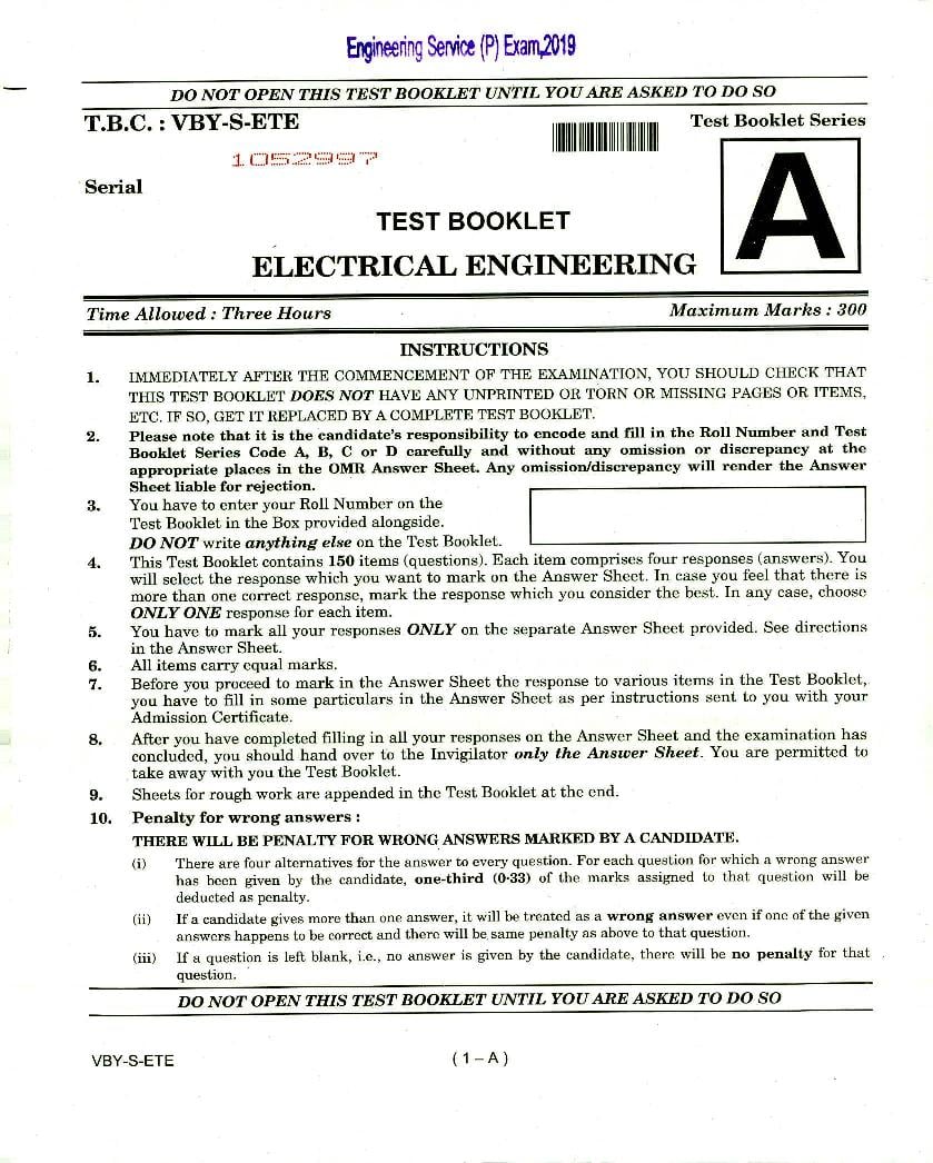 UPSC IES 2019 (Prelims) Question Paper for Electrical Engineering - Page 1
