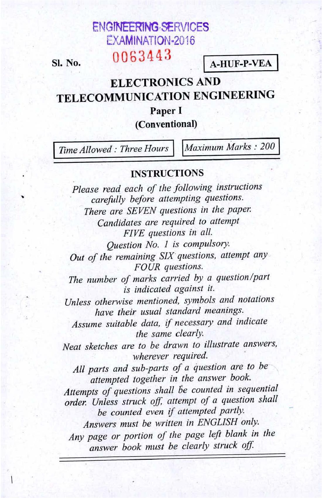 UPSC IES 2016 (Mains) Question Paper Electronics and Telecommunication Engineering Paper I - Page 1