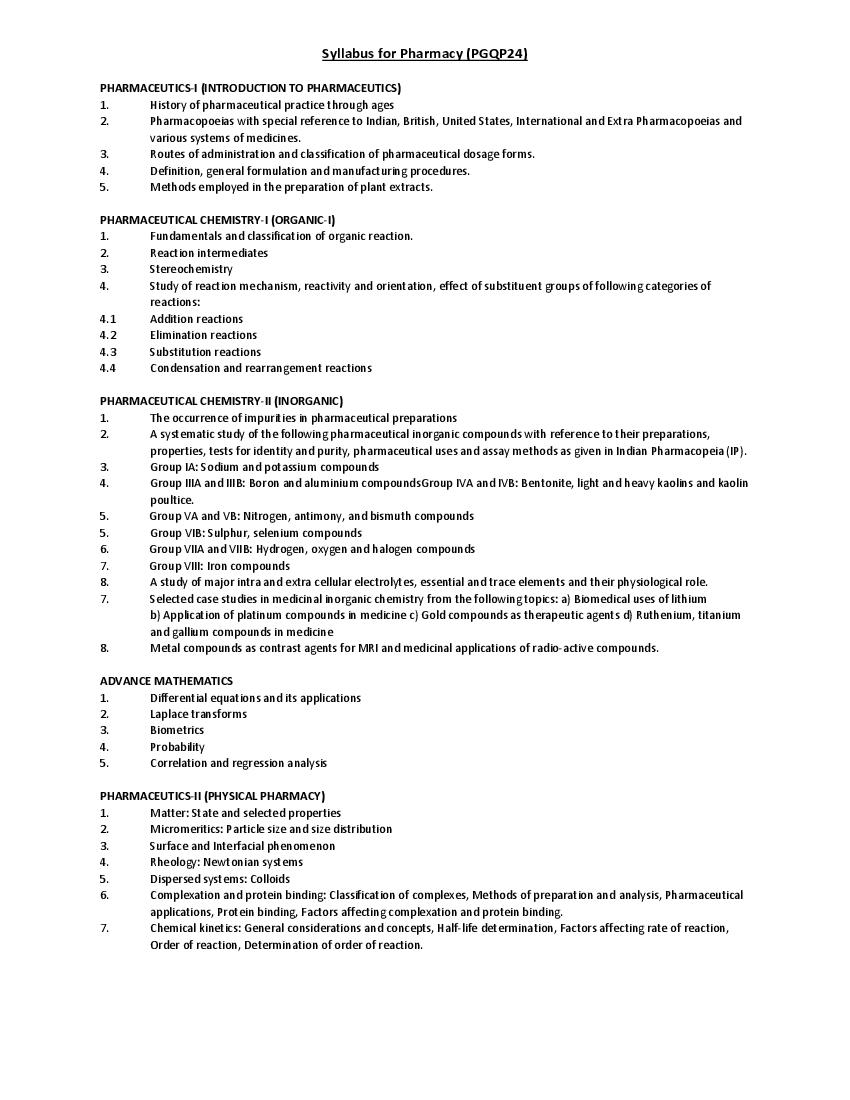 CUET PG 2022 Syllabus PGQP24 Pharmacy - Page 1 of 9