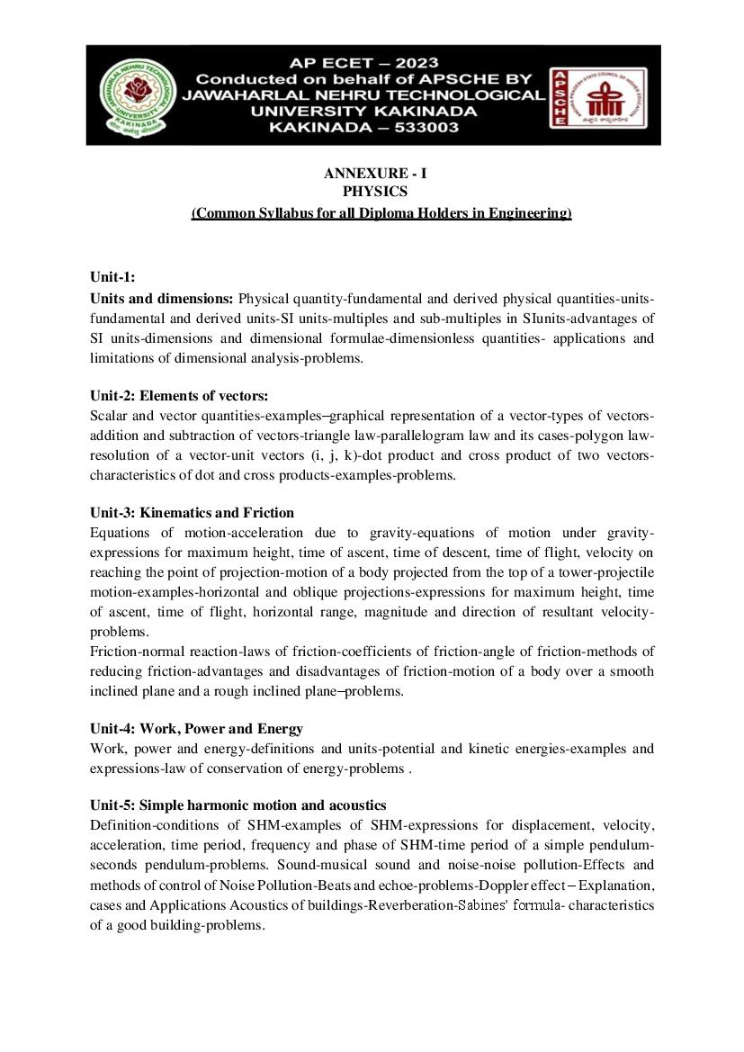 AP ECET 2023 Syllabus for Physics - Page 1