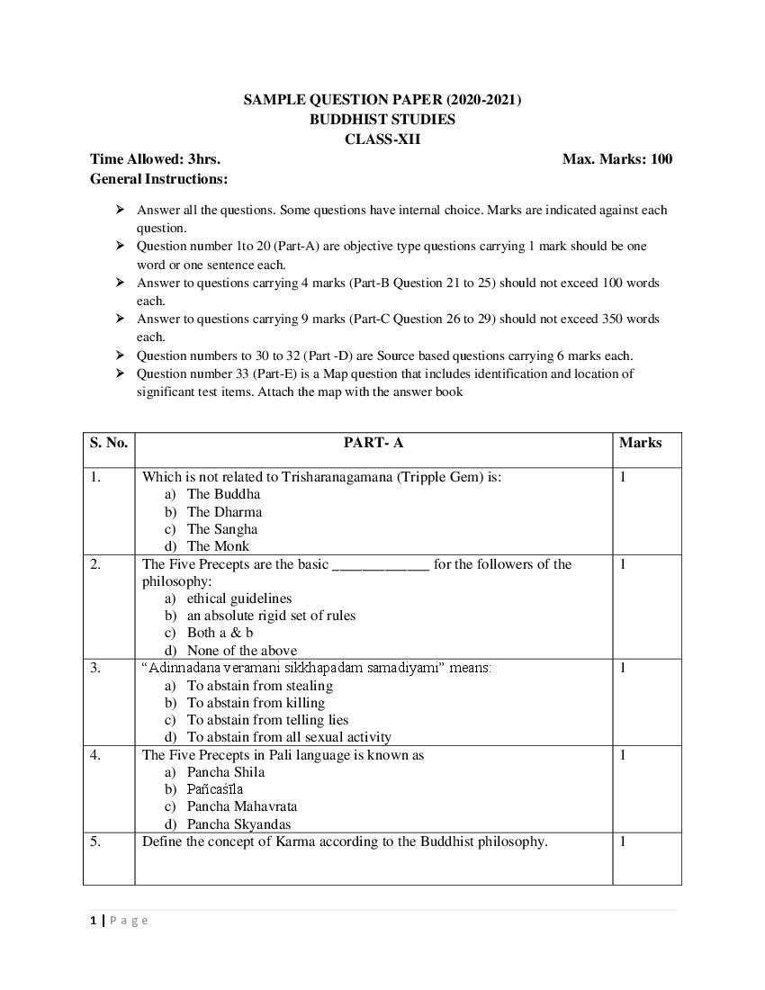 JKBOSE Class 12 Model Question Paper 2021 for Budhist Studies - Page 1