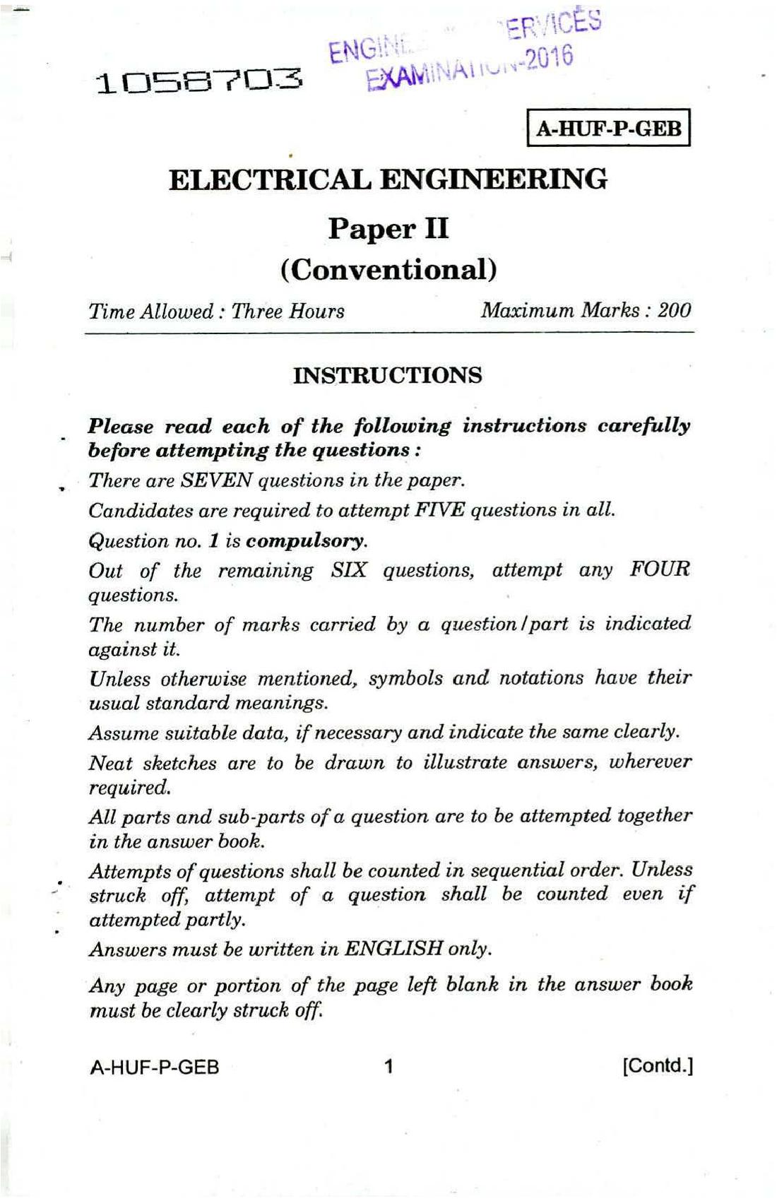 UPSC IES 2016 (Mains) Question Paper Electrical Engineering Paper II - Page 1