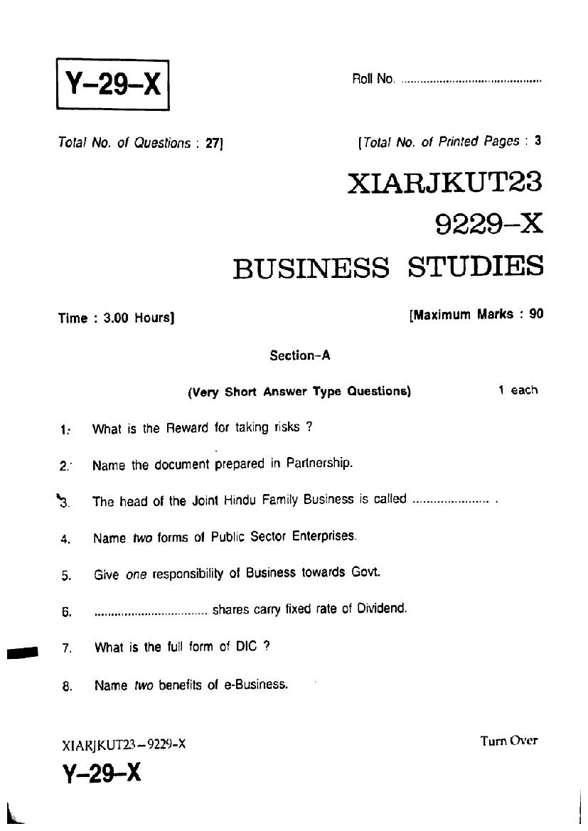 JKBOSE Class 11th Business Studies Question Paper (PDF)