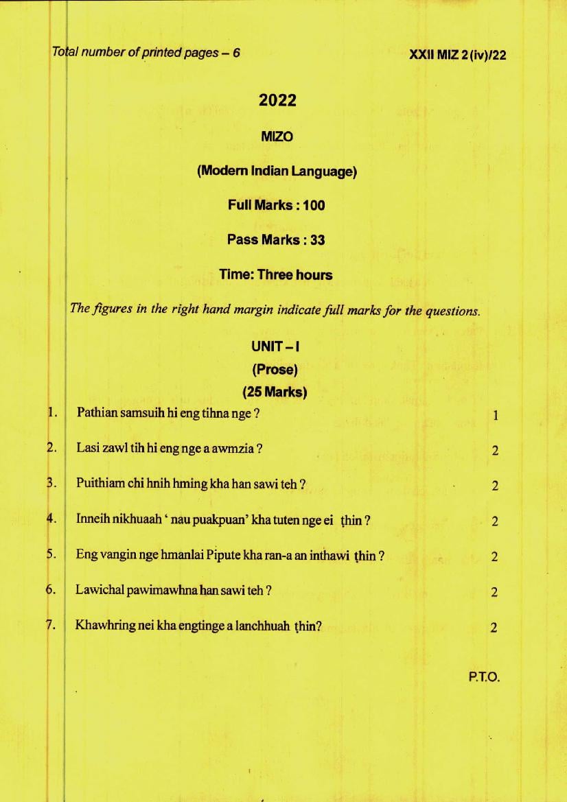 Manipur Board Class 12 Question Paper 2022 for Mizo - Page 1