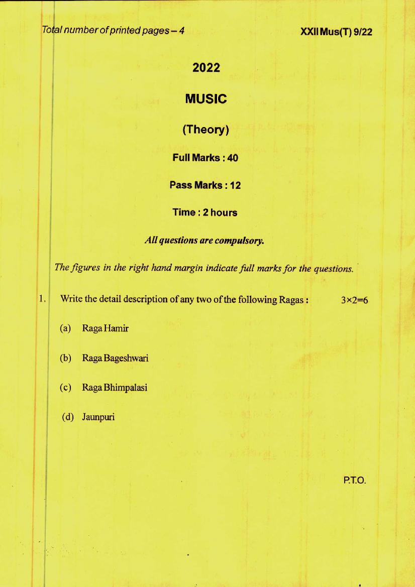 Manipur Board Class 12 Question Paper 2022 for Music - Page 1