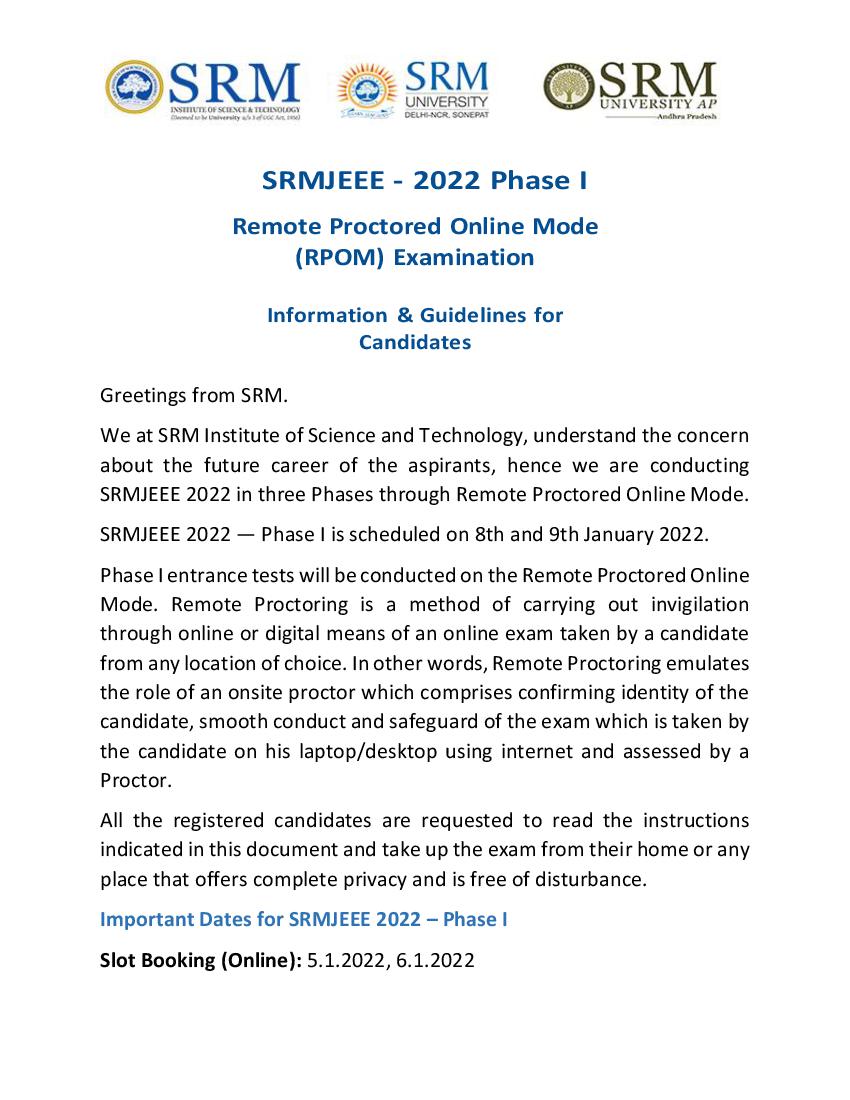 SRMJEEE 2022 Phase 1 Exam Instructions - Page 1