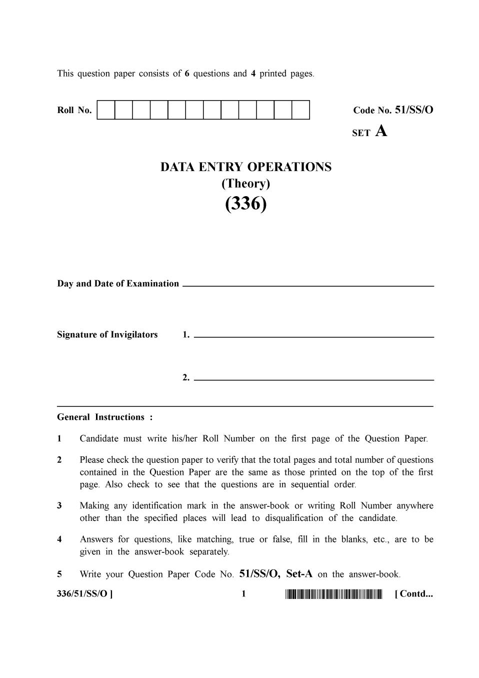 NIOS Class 12 Question Paper Oct 2015 - Data Entry Operations Theory - Page 1