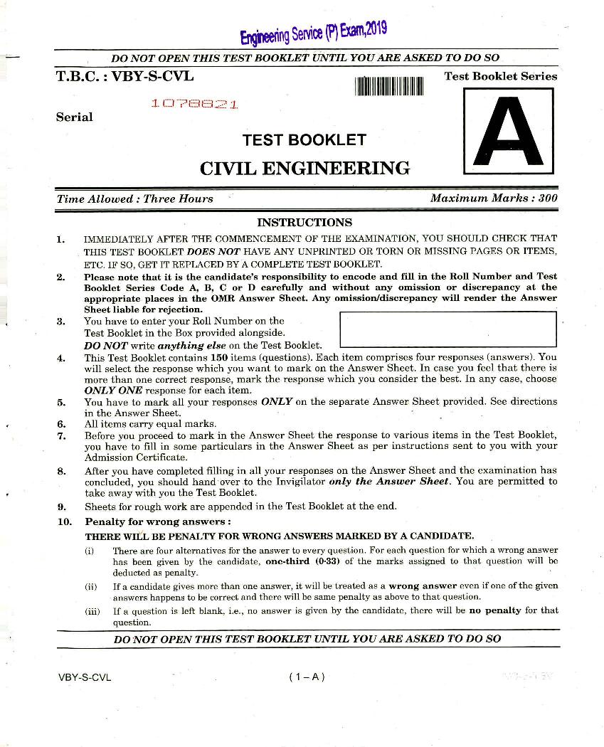 UPSC IES 2019 (Prelims) Question Paper for Civil Engineering - Page 1