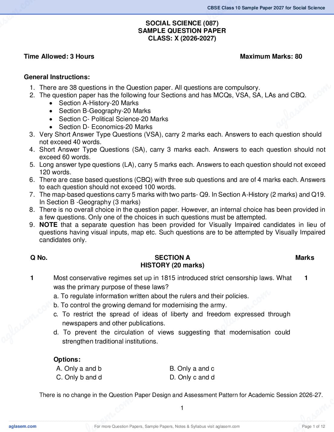CBSE Class 10 Social Science Sample Paper 2027 with Marking Scheme PDF