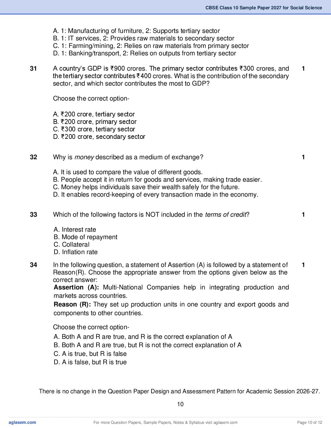 CBSE Class 10 Social Science Sample Paper 2027 with Marking Scheme PDF
