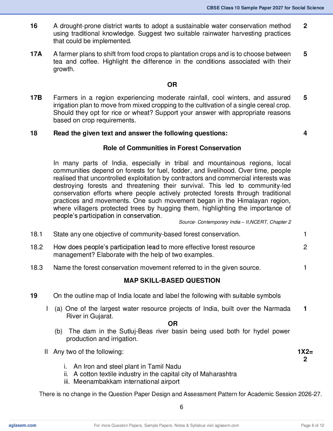 CBSE Class 10 Social Science Sample Paper 2027 with Marking Scheme PDF