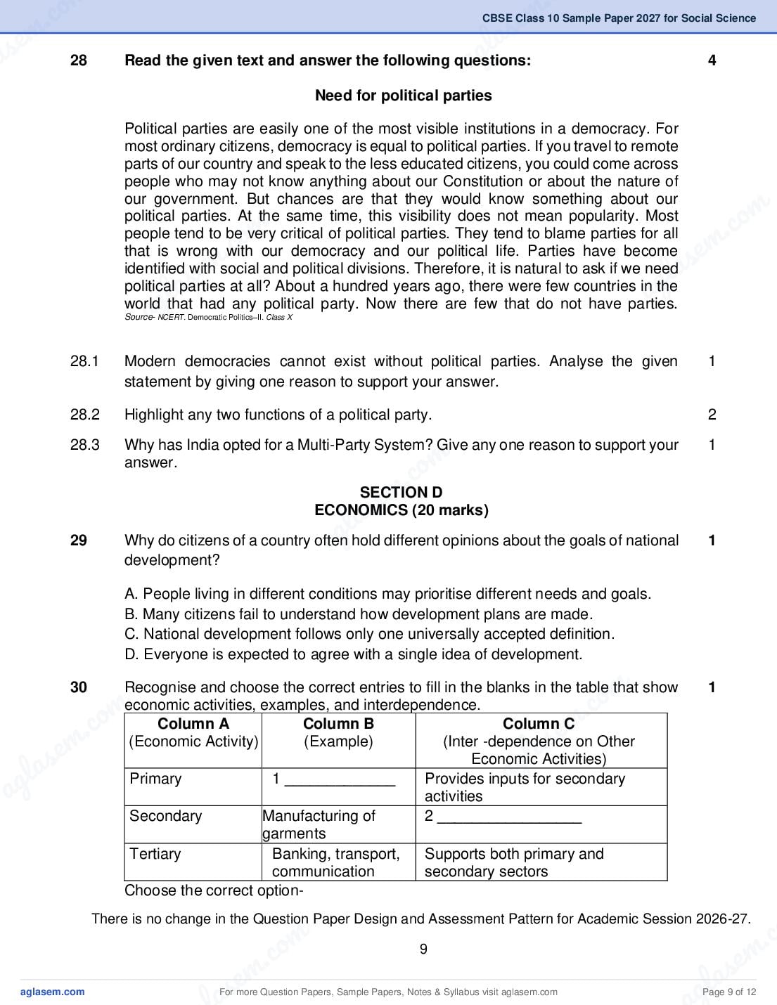 CBSE Class 10 Social Science Sample Paper 2027 with Marking Scheme PDF