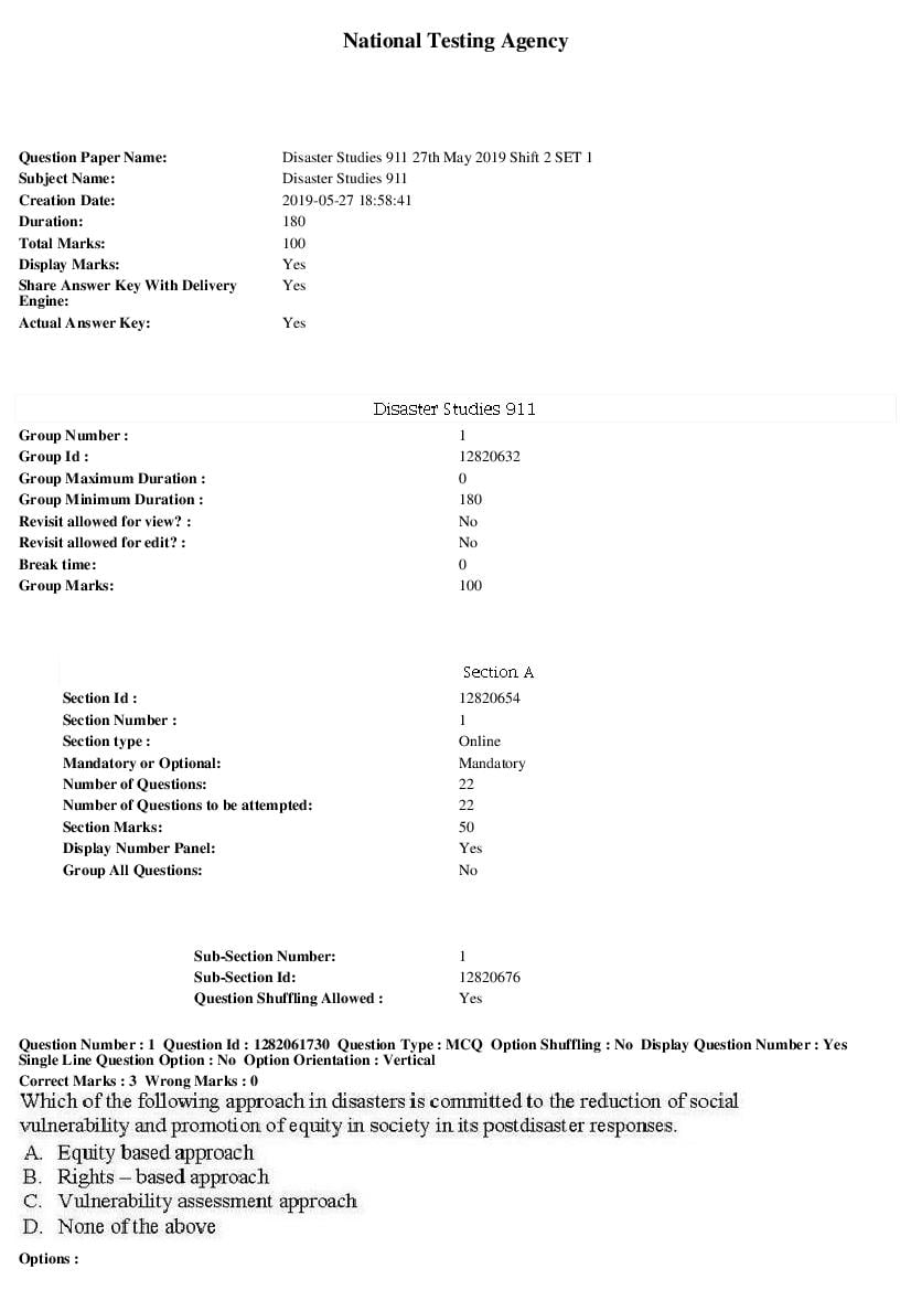 JNUEE 2019 Question Paper Ph.D. Disaster Studies - Page 1