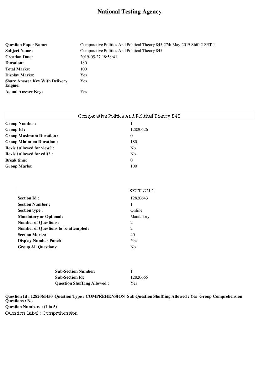 JNUEE 2019 Question Paper Ph.D. Comparative Politics And Political Theory - Page 1