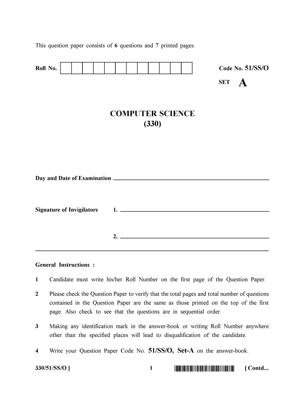 NIOS Class 12 Question Paper Oct 2015 - Computer Science - Page 1
