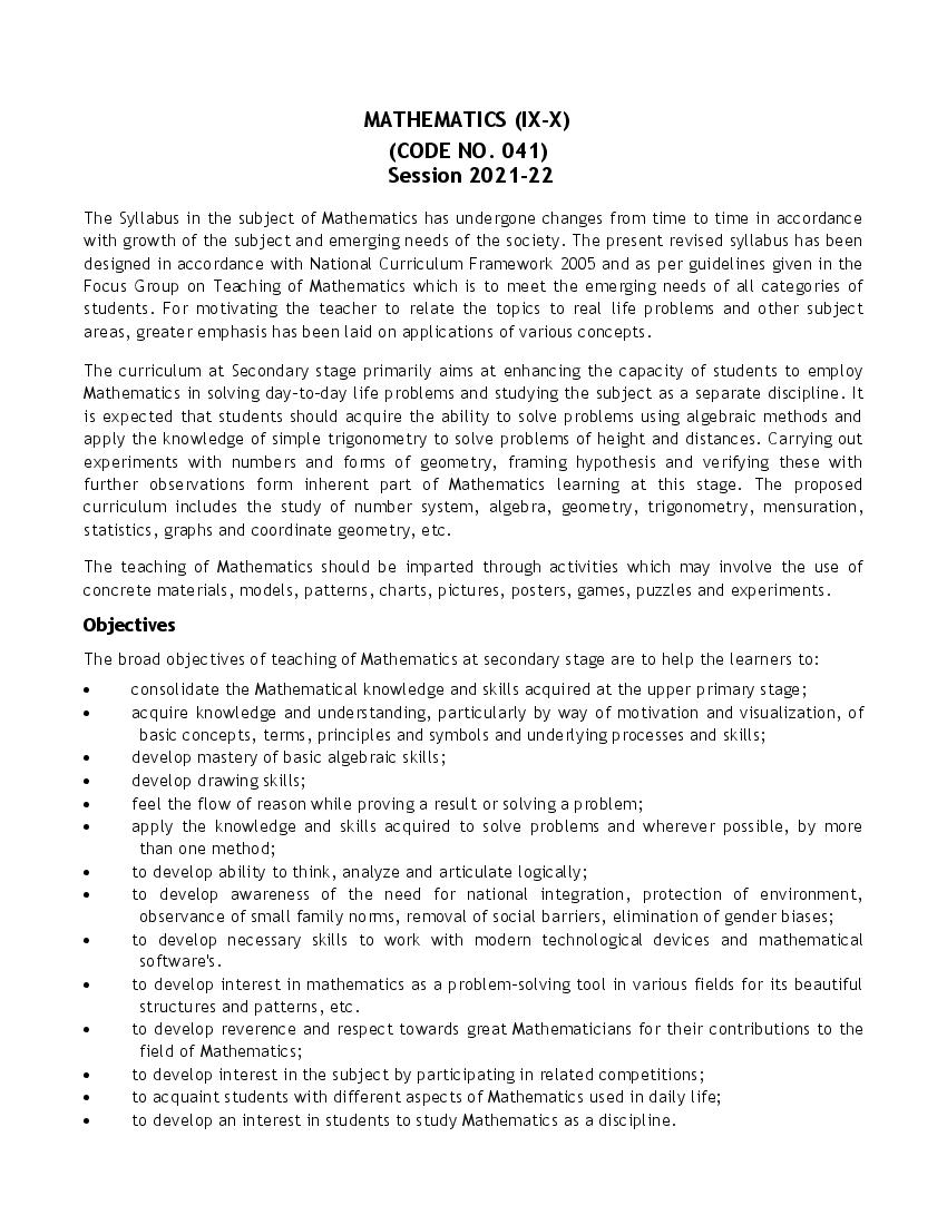 CBSE Class 9 Maths Syllabus 2021-22 - Page 1