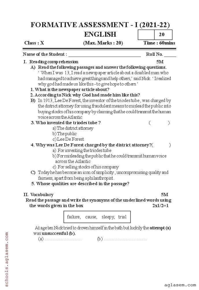 AP 10th Class Question Paper 2021-22 FA1 English - Page 1