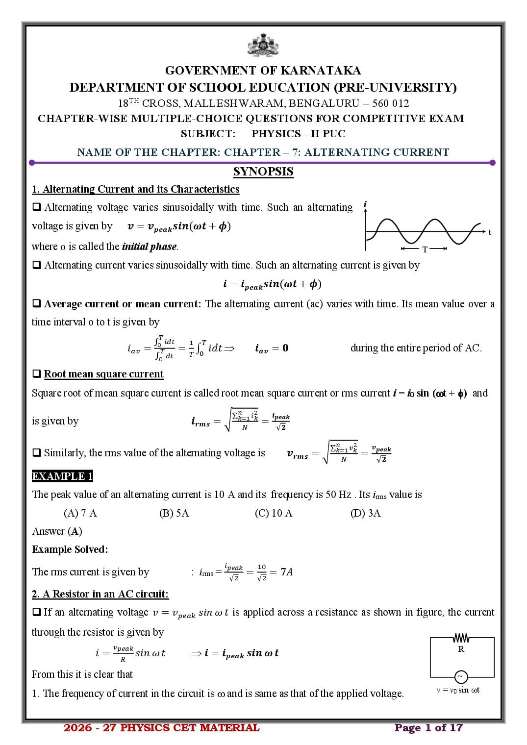 Karnataka 2nd PUC Physics Alternating Current MCQ with Answers - Page 1 of 17