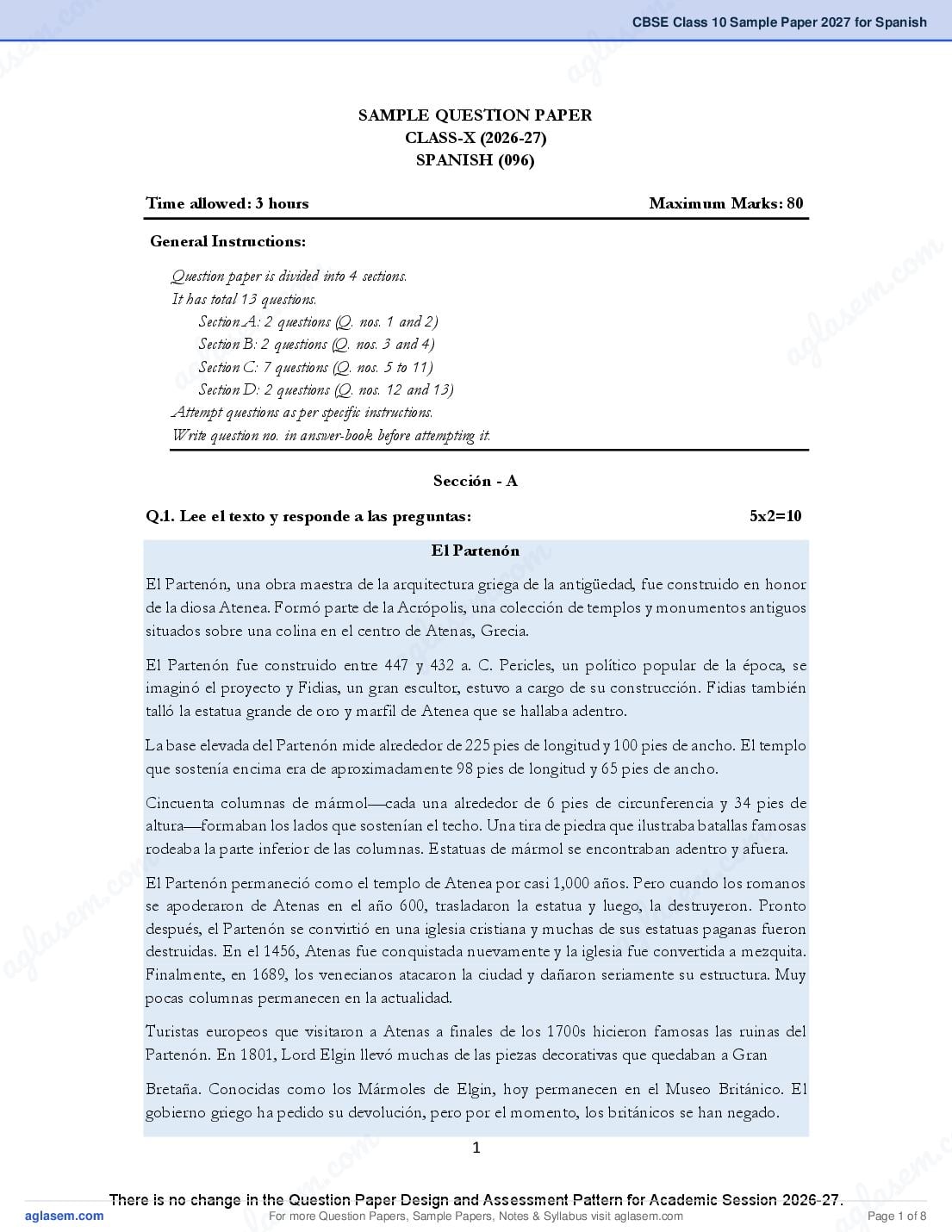 CBSE Class 10 Sample Paper 2027 for Spanish - Page 1 of 8