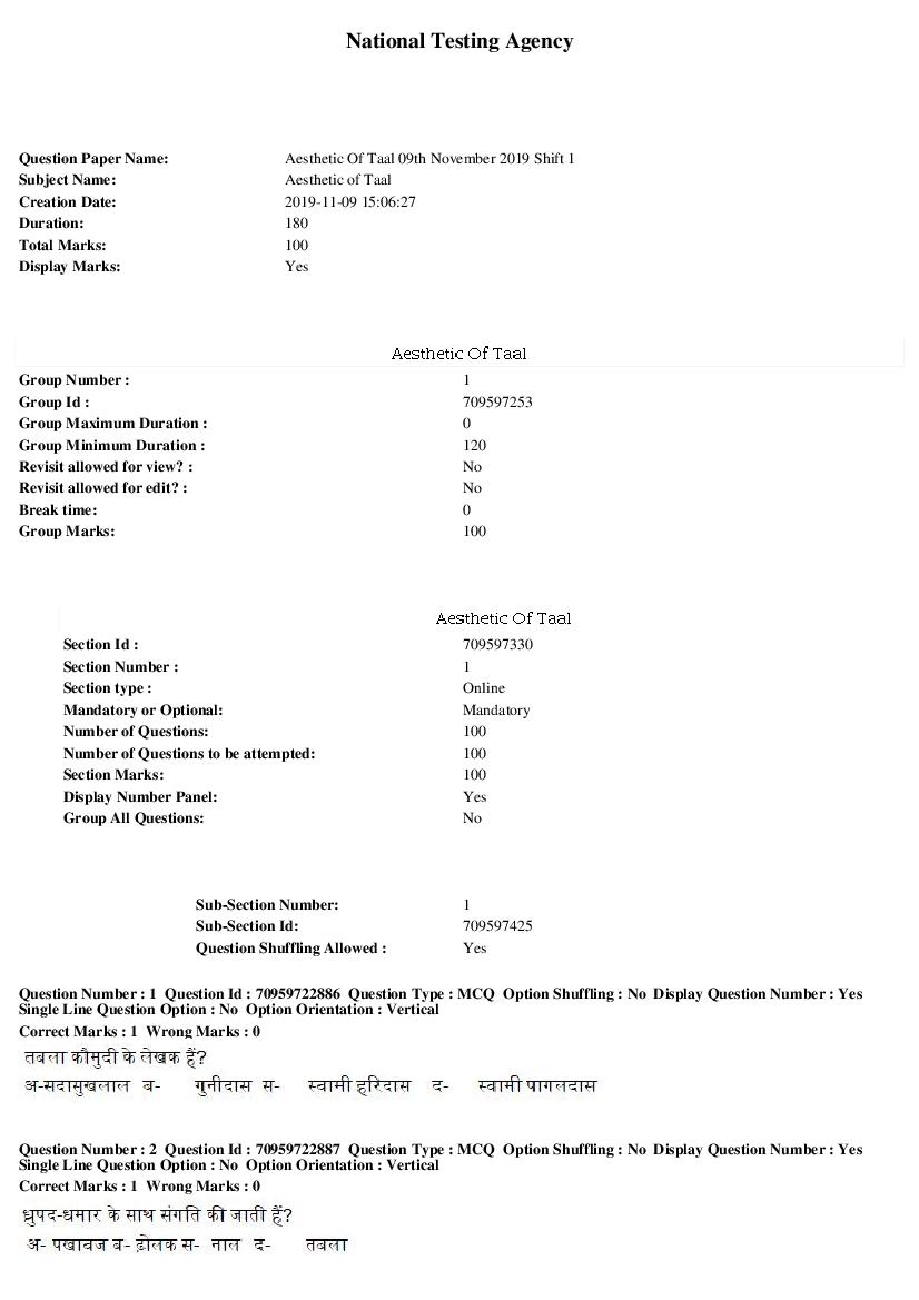 SWAYAM 2019 Question Paper Aesthetic of Taal - Page 1