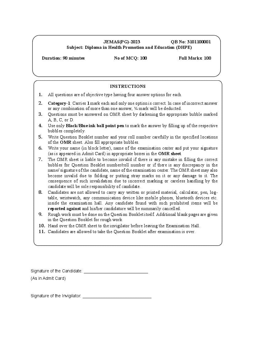 JEMAS PG 2023 Question Paper DHPE - Page 1