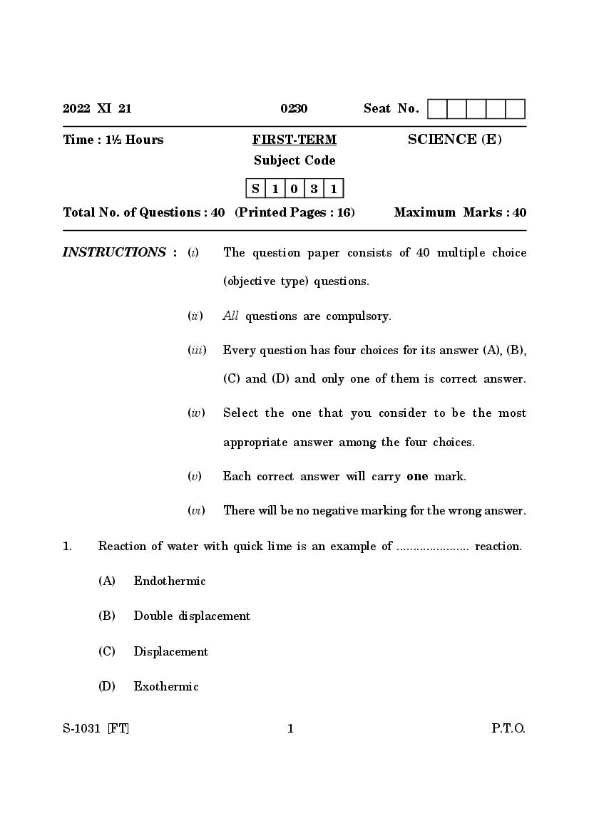 Goa Board Class 10 Question Paper 2022 Science - Page 1