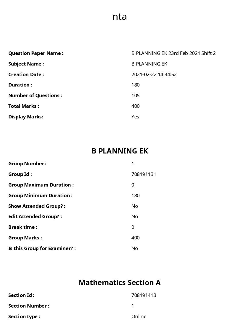 JEE Main 2021 Question Paper 23 Feb Shift  2 B.Plan Kannada - Page 1