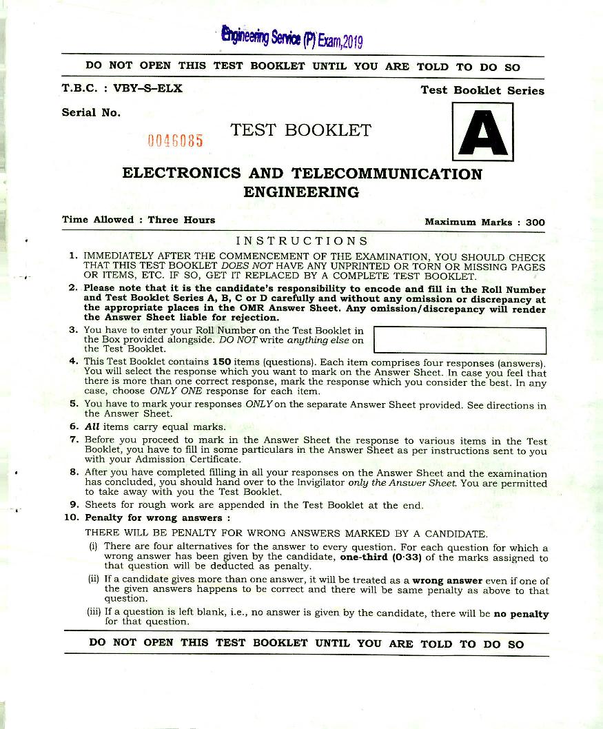 UPSC IES 2019 (Prelims) Question Paper for Electronics and Telecommunication Engineering - Page 1