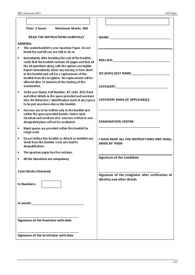 JEE Advanced 2021 Question Paper AAT - Page 1