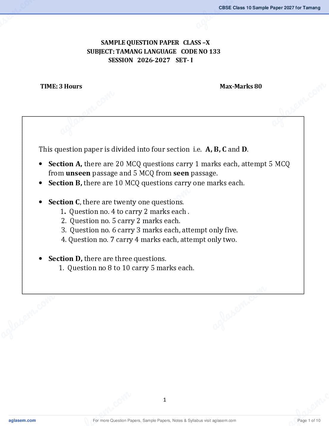 CBSE Class 10 Sample Paper 2027 for Tamang - Page 1 of 10