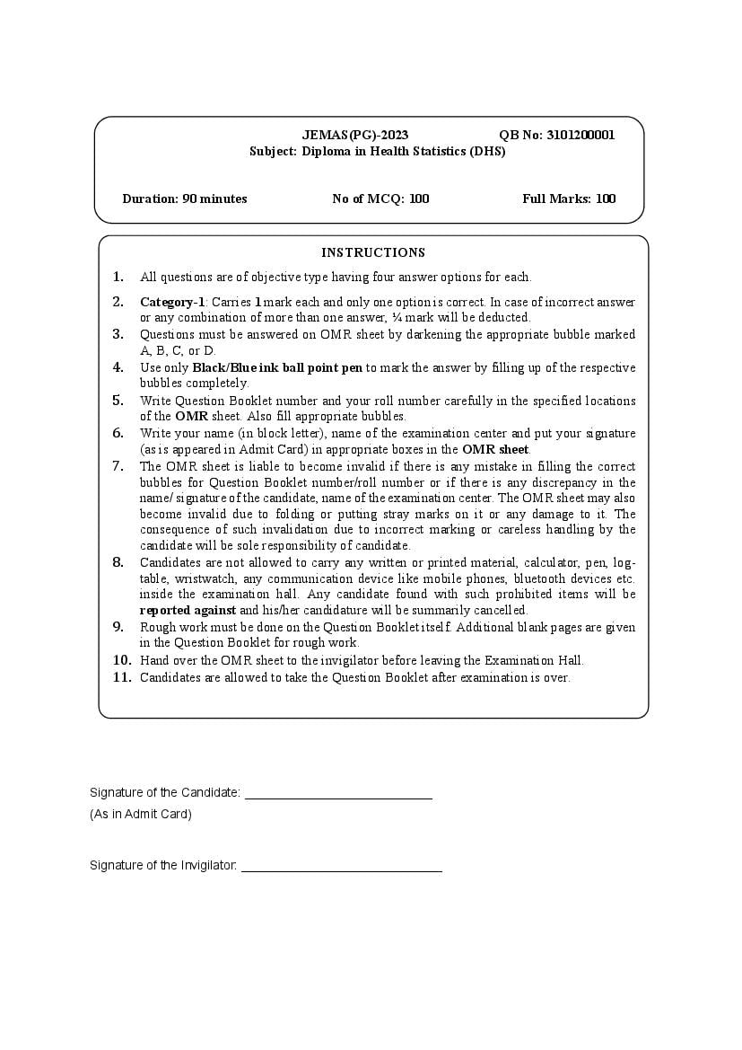 JEMAS PG 2023 Question Paper DHS - Page 1