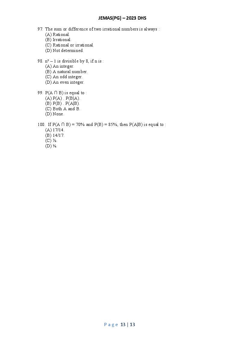 JEMAS PG 2023 Question Paper PDF (26 Course Papers)