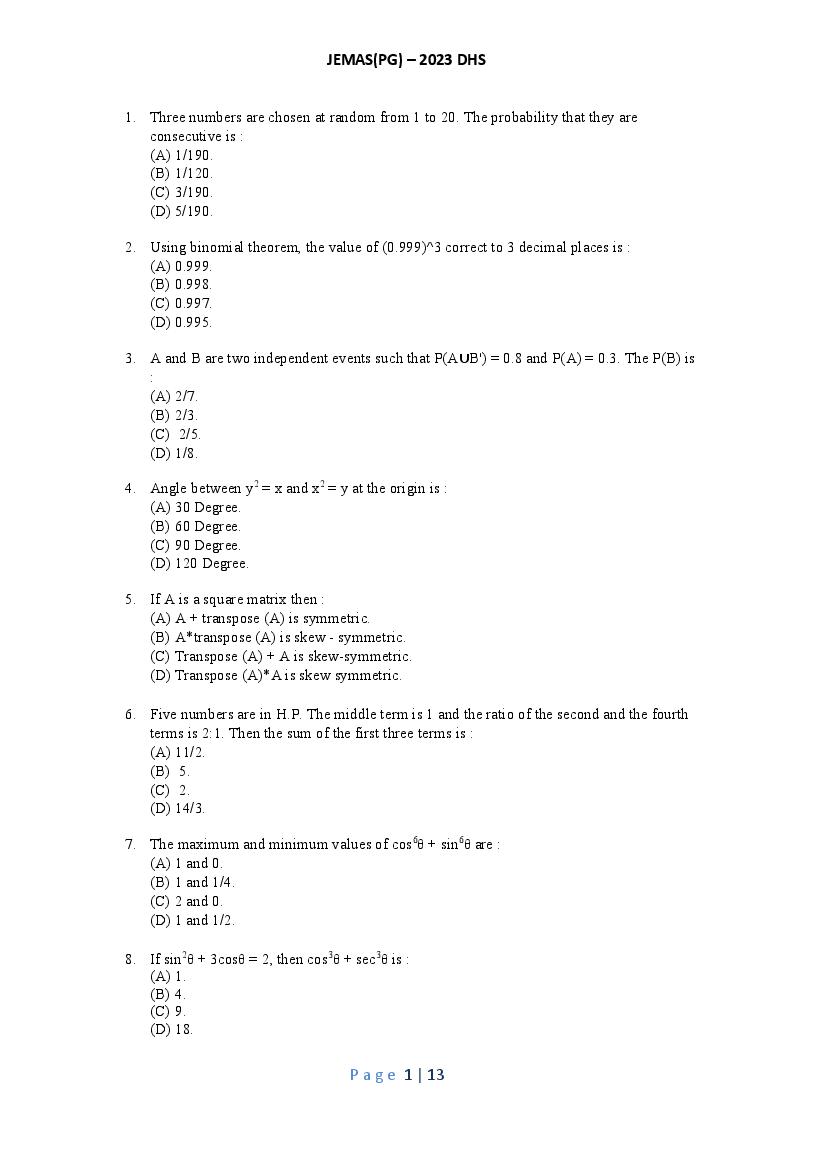 JEMAS PG 2023 Question Paper PDF (26 Course Papers)