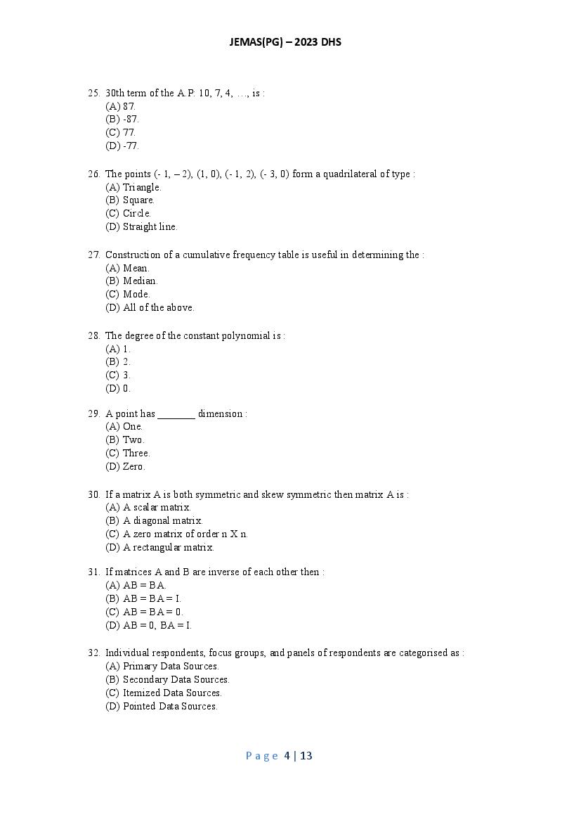 JEMAS PG 2023 Question Paper PDF (26 Course Papers)